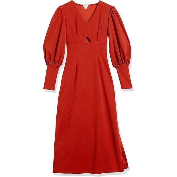 🍂 Balloon Sleeve Keyhole Side Slit Orange Fall Midi Dress SIZE L NWT - Picture 1 of 16